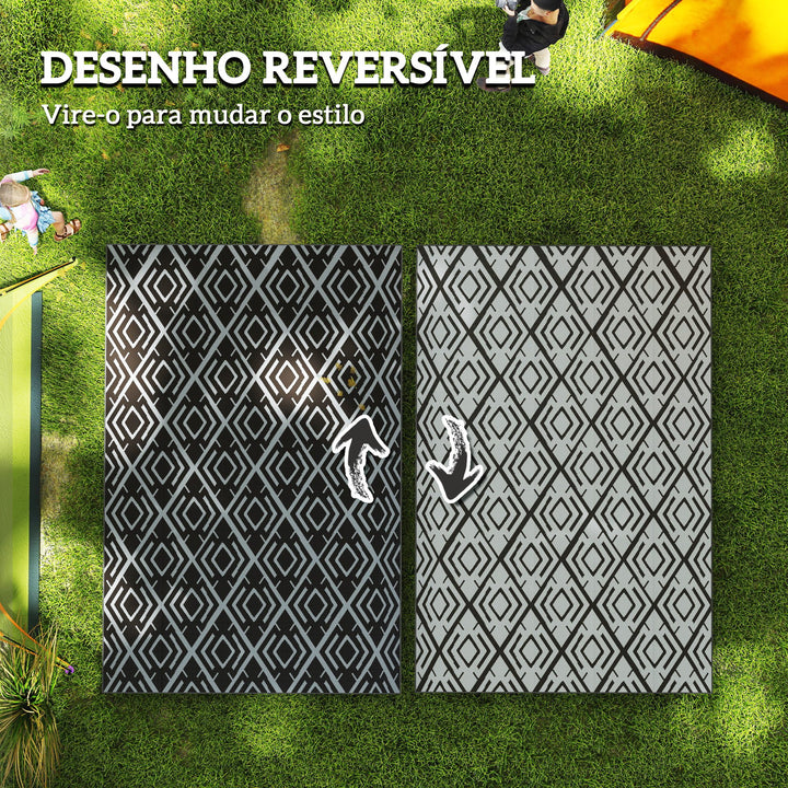 Tapete de Exterior 182x274 cm Tapete Reversível com Desenho Geométrico Impermeável Bolsa de Transporte para Varanda Pátio Campismo Praia Preto