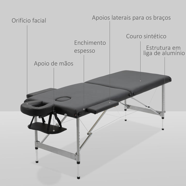 Marquesa Dobrável Mesa de Massagem Portátil com Altura Ajustável em 7 Posições Apoio para a Cabeça e Estrutura de Liga de Alumínio para Fisioterapia Carga 130kg 186x71x62-83cm Preto