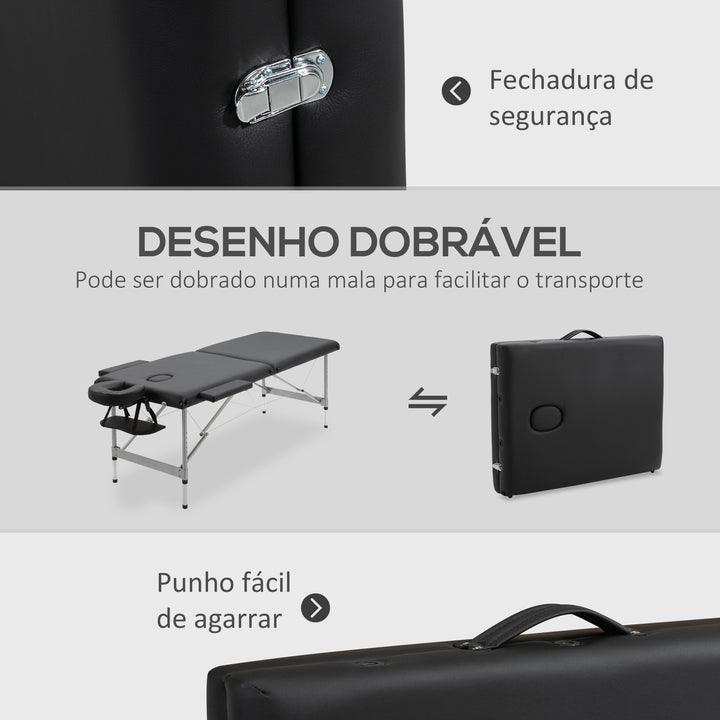 Marquesa Dobrável Mesa de Massagem Portátil com Altura Ajustável em 7 Posições Apoio para a Cabeça e Estrutura de Liga de Alumínio para Fisioterapia Carga 130kg 186x71x62-83cm Preto