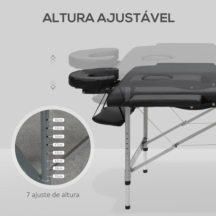Marquesa Dobrável Mesa de Massagem Portátil com Altura Ajustável em 7 Posições Apoio para a Cabeça e Estrutura de Liga de Alumínio para Fisioterapia Carga 130kg 186x71x62-83cm Preto