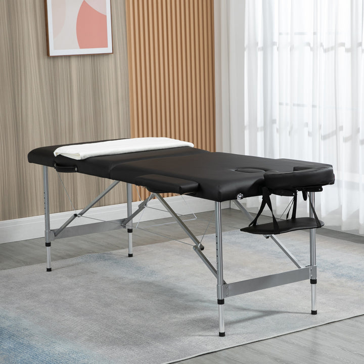 Marquesa Dobrável Mesa de Massagem Portátil com Altura Ajustável em 7 Posições Apoio para a Cabeça e Estrutura de Liga de Alumínio para Fisioterapia Carga 130kg 186x71x62-83cm Preto
