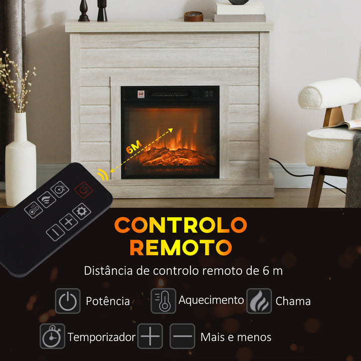 Lareira Elétrica 1800W Lareira Decorativa com Efeito de Chama Realista Controlo Remoto Temporizador Semanal Proteção Contra Sobreaquecimento para Ambientes de 30 m² 96,5x22x81,7 cm Madeira Clara