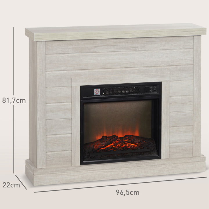 Lareira Elétrica 1800W Lareira Decorativa com Efeito de Chama Realista Controlo Remoto Temporizador Semanal Proteção Contra Sobreaquecimento para Ambientes de 30 m² 96,5x22x81,7 cm Madeira Clara