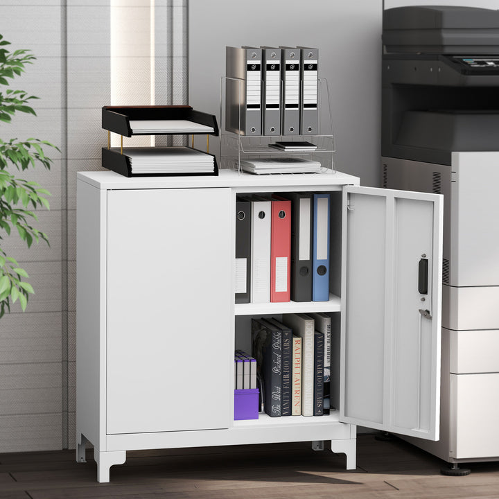 Armário de Arrumação Metálico Armário de Escritório com 2 Portas Fecho Prateleira Fácil Montagem Arquivador para Escritório Estudo Garagem Sala de Estar 80x35x91 cm Branco