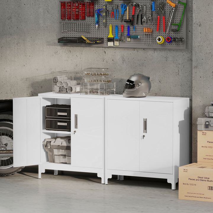 Armário de Arrumação Metálico Armário de Escritório com 2 Portas Fecho Prateleira Fácil Montagem Arquivador para Escritório Estudo Garagem Sala de Estar 80x35x91 cm Branco