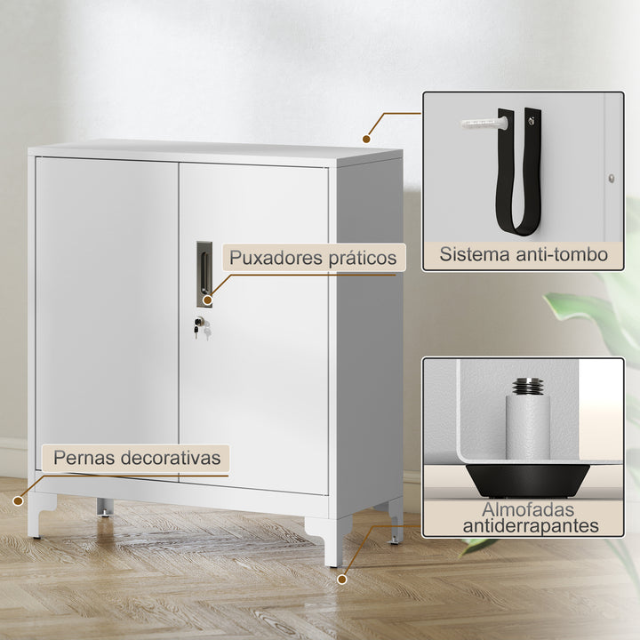 Armário de Arrumação Metálico Armário de Escritório com 2 Portas Fecho Prateleira Fácil Montagem Arquivador para Escritório Estudo Garagem Sala de Estar 80x35x91 cm Branco