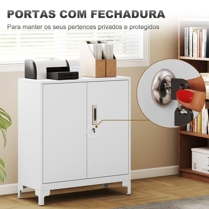 Armário de Arrumação Metálico Armário de Escritório com 2 Portas Fecho Prateleira Fácil Montagem Arquivador para Escritório Estudo Garagem Sala de Estar 80x35x91 cm Branco