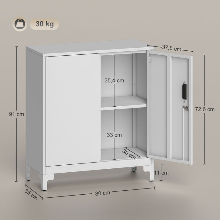 Armário de Arrumação Metálico Armário de Escritório com 2 Portas Fecho Prateleira Fácil Montagem Arquivador para Escritório Estudo Garagem Sala de Estar 80x35x91 cm Branco