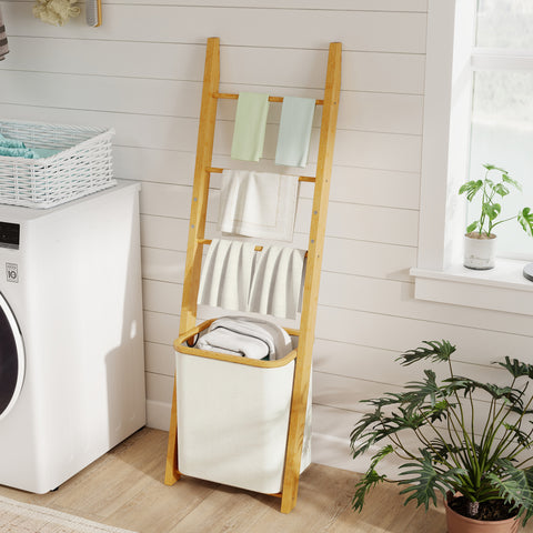 Estante para Casa de Banho de Bambu Toalheiro de Pé com 3 Barras e Cesto para Roupa Suja Removível de 48 L para Quarto Lavandaria 43x35x133 cm Creme e Madeira