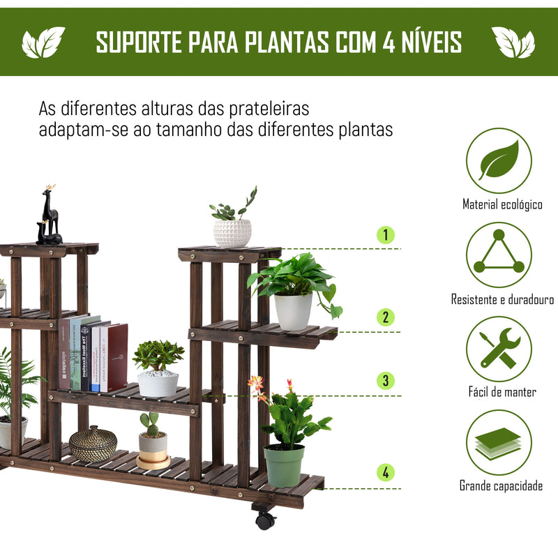 Suporte para Plantas de 4 Níveis com Rodas Suporte para Vasos de Plantas para Interior e Exterior 123,5x33x80 cm Marrom Escuro