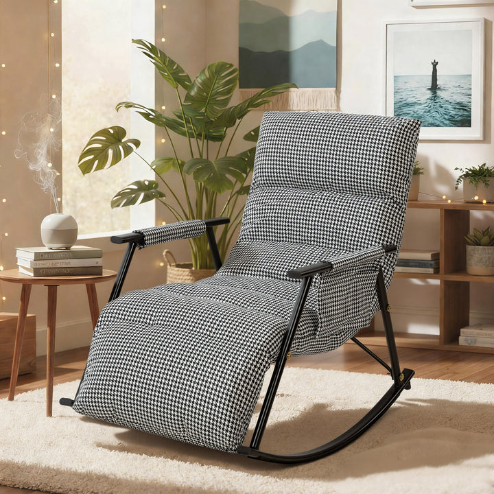 Poltrona Baloiço com Encosto e Apoia-Pés Ajustáveis Poltrona Baloiço 105° Estofada em Linho com Bolso Lateral e Estrutura de Metal Suporta 120 kg para Quarto Sala Preto e Branco