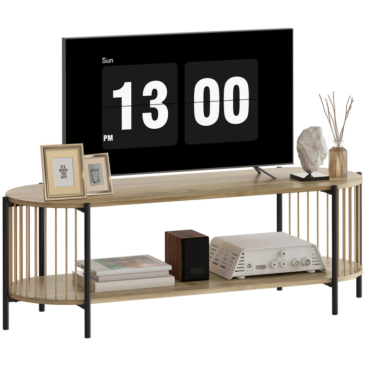 Móvel de TV Estilo Boémio Móvel de TV até 55 Polegadas com Detalhes em Corda de Papel e 2 Prateleiras Abertas para Sala de Estar Quarto 124x43,5x41 cm Madeira