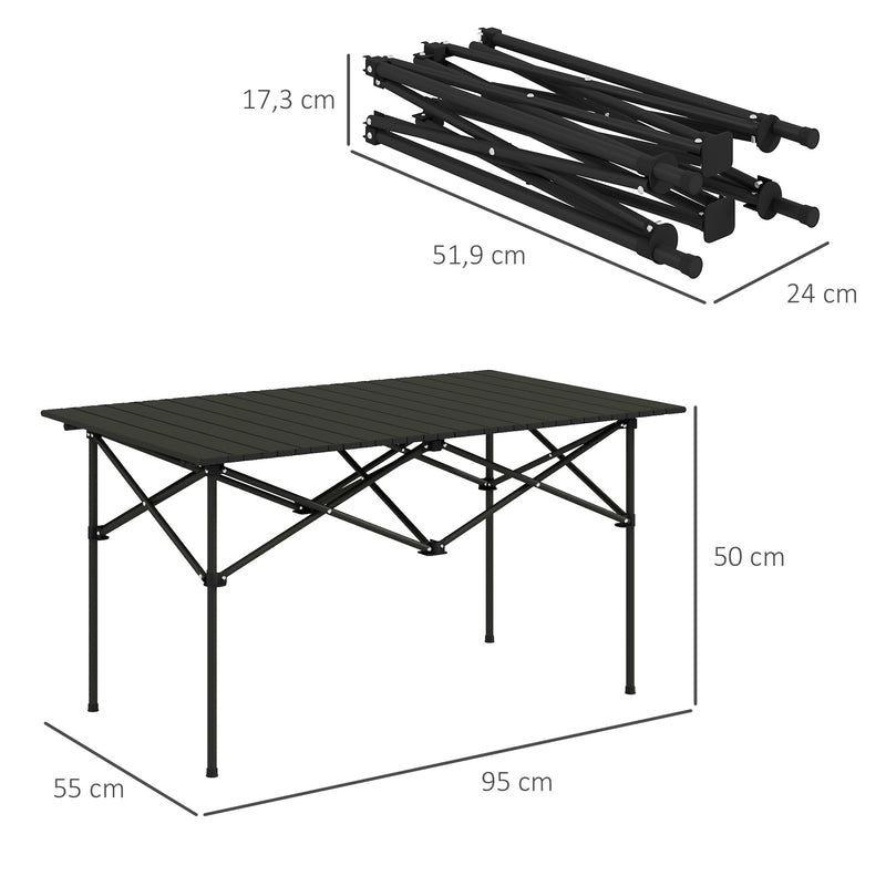 Mesa de Campismo Dobrável de Metal com Tampo Enrolável e Bolsa de Transporte Mesa de Piquenique Portátil para Campismo Trekking Praia e Barbecue 95x55x50 cm Preto