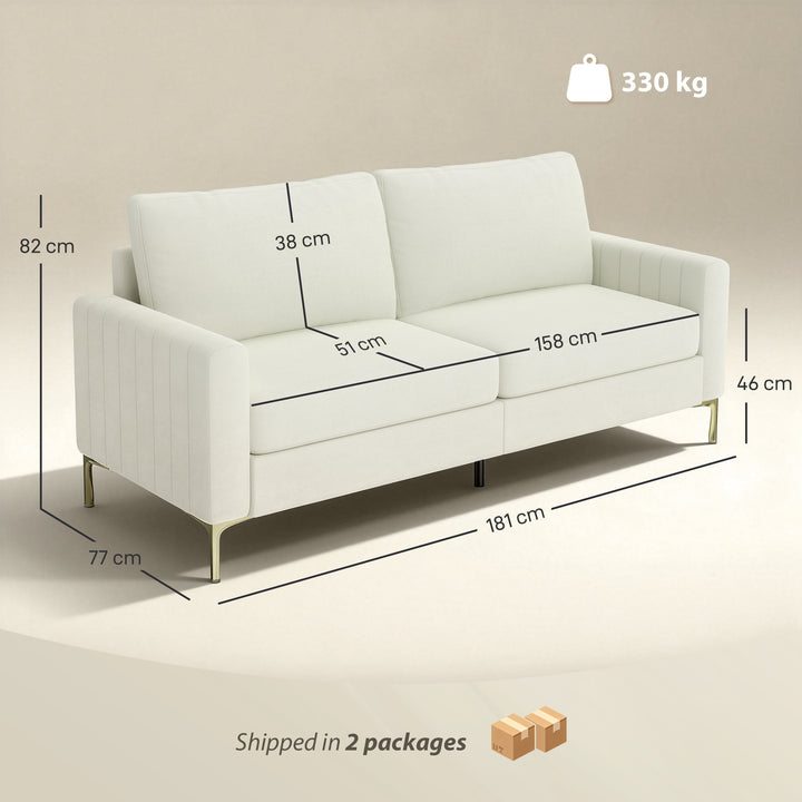 Sofá de 3 Lugares Sofá de Sala de Estar de 181 cm Estofado em Veludo Almofadas Espessas Pernas de Metal Estrutura de Madeira para Sala Escritório Creme