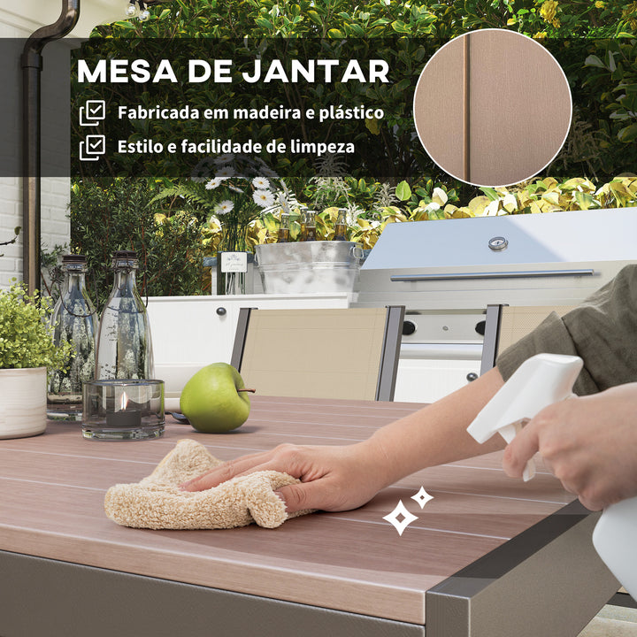 Conjunto de Refeição de Exterior de 7 Peças Conjunto de Mesa e 6 Cadeiras de Jardim com Cadeiras Empilháveis e Estrutura de Aço para Terraço Pátio Cáqui