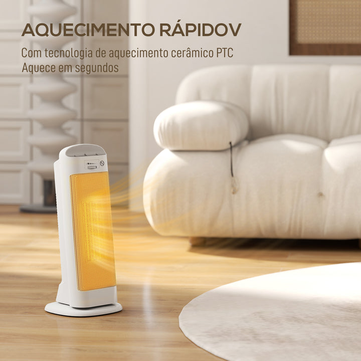 Aquecedor Elétrico de Baixo Consumo 2000W PTC Termoventilador com 4 Modos Termóstato Regulável Oscilação de 55° Proteção contra Tombos e Sobreaquecimento para 15? em Quarto Branco