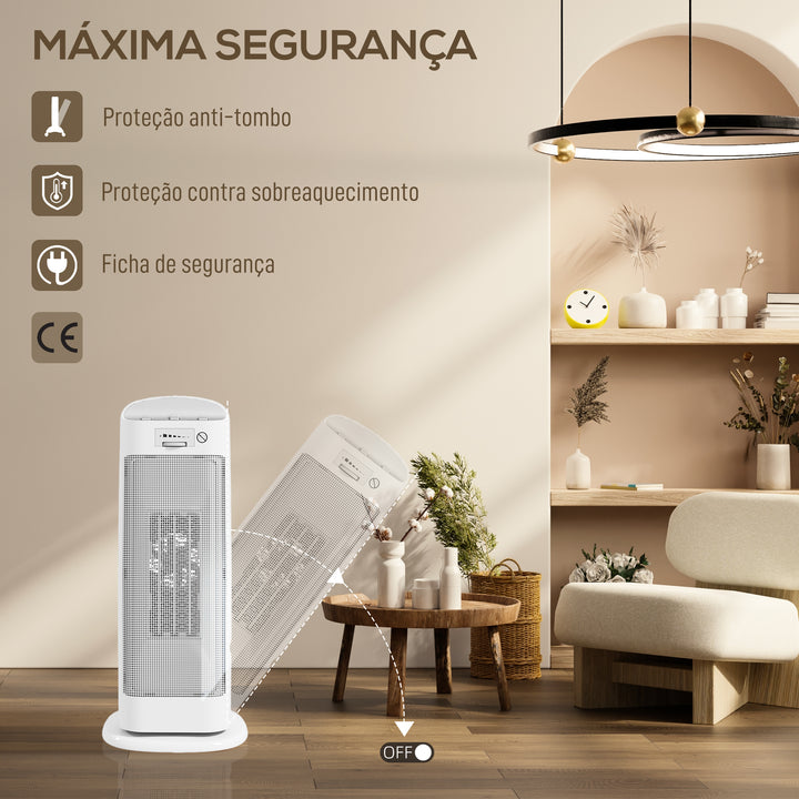 Aquecedor Elétrico de Baixo Consumo 2000W PTC Termoventilador com 4 Modos Termóstato Regulável Oscilação de 55° Proteção contra Tombos e Sobreaquecimento para 15? em Quarto Branco