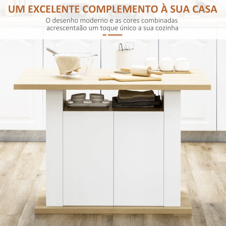 Ilha de Cozinha para 4-6 Pessoas Móvel de Cozinha com 4 Portas Compartimentos Abertos Prateleira Ajustável 110x70x75,5 cm Carvalho e Branco
