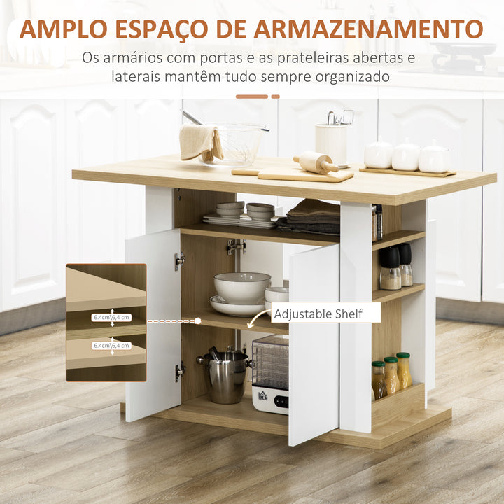 Ilha de Cozinha para 4-6 Pessoas Móvel de Cozinha com 4 Portas Compartimentos Abertos Prateleira Ajustável 110x70x75,5 cm Carvalho e Branco