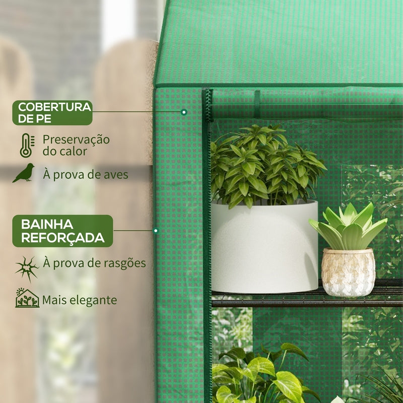 Estufa de Jardim de 3 Níveis Estufa de Terraço com Prateleiras Teto Inclinado e 2 Portas com Fecho de Correr para Cultivo de Plantas em Pátio 143x46x141/151 cm Verde