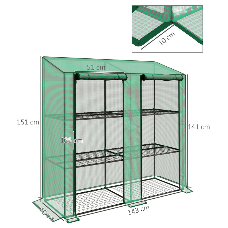 Estufa de Jardim de 3 Níveis Estufa de Terraço com Prateleiras Teto Inclinado e 2 Portas com Fecho de Correr para Cultivo de Plantas em Pátio 143x46x141/151 cm Verde