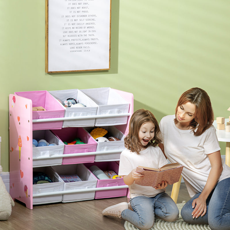 Estante para Brinquedos com 9 Caixas de Tecido não Tecido Amovíveis Organizador de Brinquedos para Dormitório Escola Infantil 63x30x60 cm Rosa