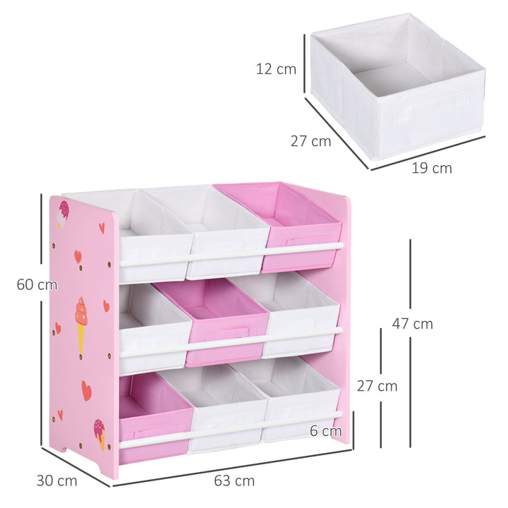 Estante para Brinquedos com 9 Caixas de Tecido não Tecido Amovíveis Organizador de Brinquedos para Dormitório Escola Infantil 63x30x60 cm Rosa