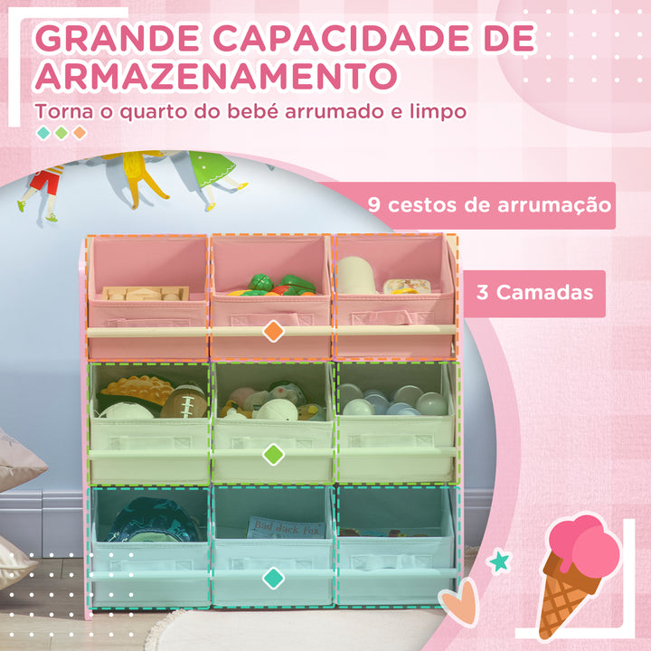 Estante para Brinquedos com 9 Caixas de Tecido não Tecido Amovíveis Organizador de Brinquedos para Dormitório Escola Infantil 63x30x60 cm Rosa