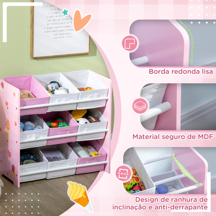 Estante para Brinquedos com 9 Caixas de Tecido não Tecido Amovíveis Organizador de Brinquedos para Dormitório Escola Infantil 63x30x60 cm Rosa