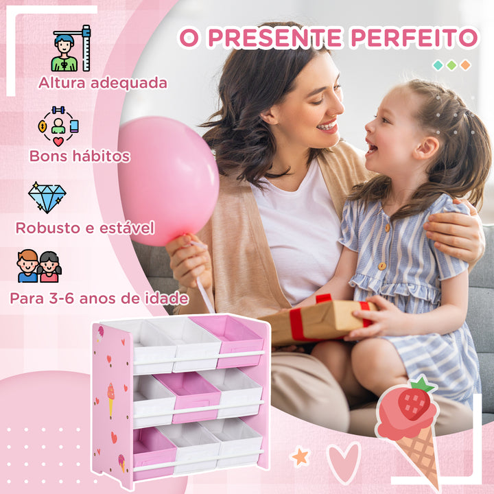 Estante para Brinquedos com 9 Caixas de Tecido não Tecido Amovíveis Organizador de Brinquedos para Dormitório Escola Infantil 63x30x60 cm Rosa