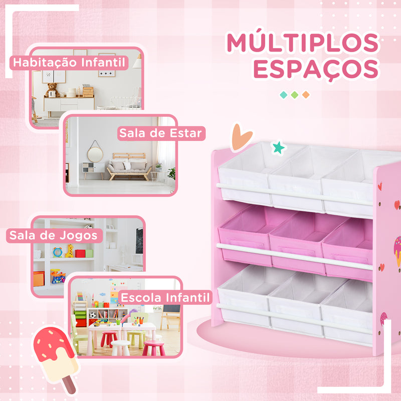 Estante para Brinquedos com 9 Caixas de Tecido não Tecido Amovíveis Organizador de Brinquedos para Dormitório Escola Infantil 63x30x60 cm Rosa