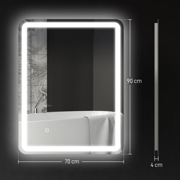 Espelho Casa de banho com Luzes LED 70x90 cm Espelho de Parede Antiembaciamento com 3 Temperaturas de Cor Ajustável e Função de Memória Horizontal e Vertical Prata