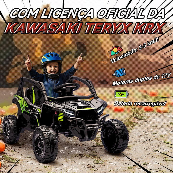 Carro Elétrico para Crianças 12V Kawasaki Teryx KRX 1000 Carro a Bateria UTV com 2 Motores Controlo Remoto 2,4G Suspensão Traseira Faróis USB para Crianças acima de 3 Anos 100x64x56 cm Preto