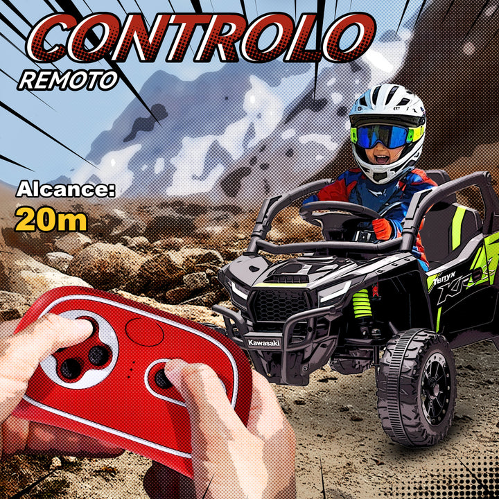 Carro Elétrico para Crianças 12V Kawasaki Teryx KRX 1000 Carro a Bateria UTV com 2 Motores Controlo Remoto 2,4G Suspensão Traseira Faróis USB para Crianças acima de 3 Anos 100x64x56 cm Preto