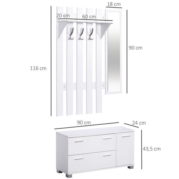 Móvel Cabide de Entrada com Espelho Ganchos e Sapateira Móvel de Entrada com 3 Ganchos Prateleira e 2 Gavetas para Corredor Branco