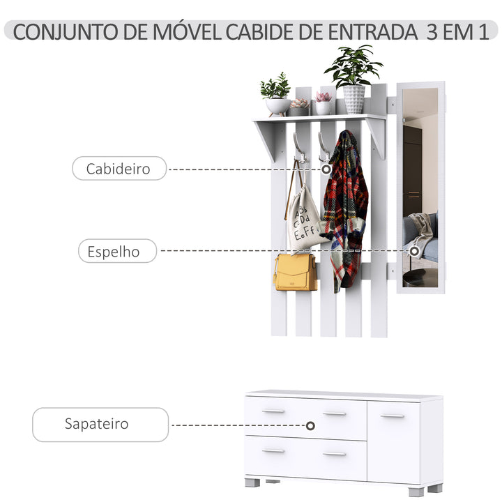 Móvel Cabide de Entrada com Espelho Ganchos e Sapateira Móvel de Entrada com 3 Ganchos Prateleira e 2 Gavetas para Corredor Branco