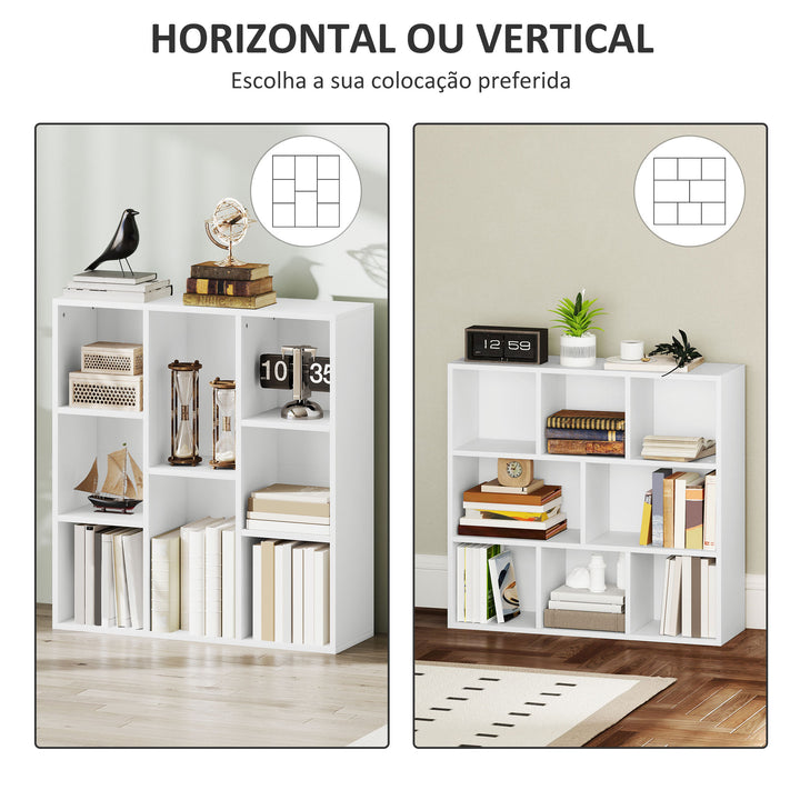 Estante de 3 Níveis Estante para Livros com 8 Compartimentos Desenho Vertical ou Horizontal para Sala de Estar Escritório Dormitório 74,3x24x80 cm Branco