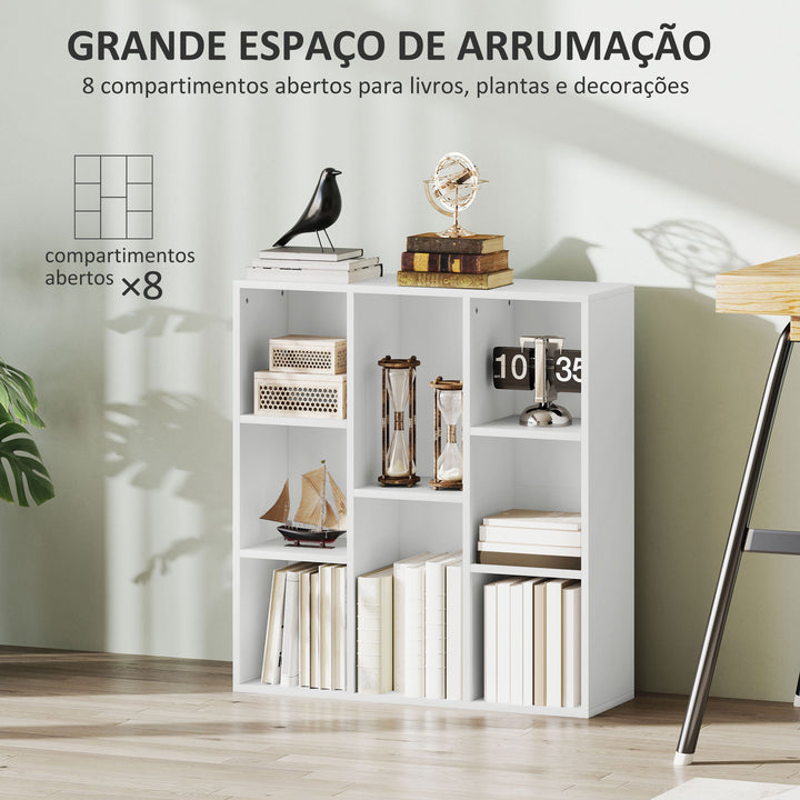 Estante de 3 Níveis Estante para Livros com 8 Compartimentos Desenho Vertical ou Horizontal para Sala de Estar Escritório Dormitório 74,3x24x80 cm Branco