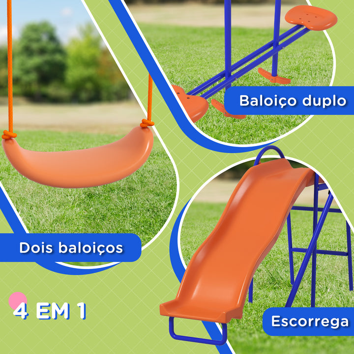 Baloiço Infantil 4 em 1 Baloiço para Crianças com 2 Baloiços Individuais 1 Baloiço Planador 1 Escorrega Corda Ajustável e Anti UV para Exterior 367x192x180 cm Multicor