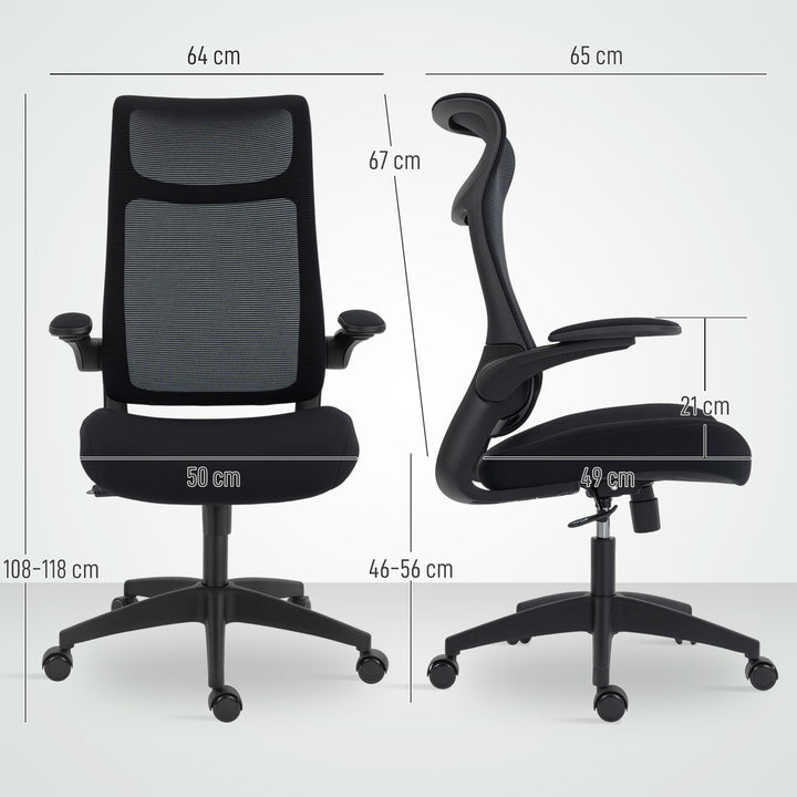 Cadeira de Escritório Ergonómica Cadeira de Escritório Giratória com Suporte Lombar e Apoios de Braços 3D Dobráveis Apoio de Cabeça Integrado Função de Basculante e Altura Ajustável 64x65x108-118 cm Preto