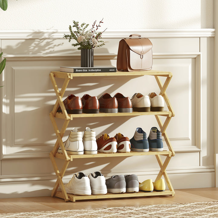 Sapateira Estreita de Bambu Sapateira Vertical Dobrável de 4 Níveis Sem Instalação Prateleira para Sapatos para Entrada Corredor Quarto 60x29x67 cm Madeira