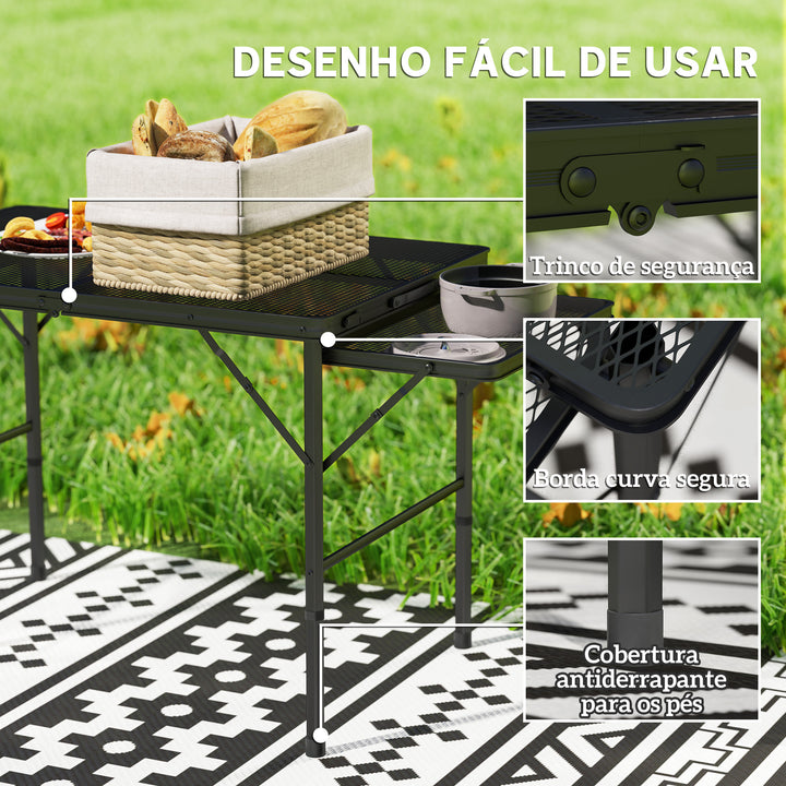 Mesa Dobrável Campismo de Alumínio 137x62x67 cm com Laterais Abatíveis e Altura Ajustável Mesa Dobrável Portátil Leve com Bancada Metálica de Grade para Acampamento Caminhadas Praia Preto