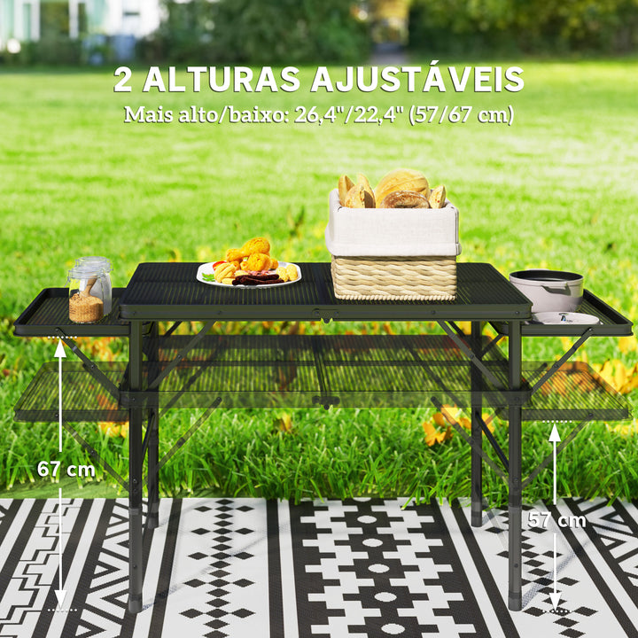 Mesa Dobrável Campismo de Alumínio 137x62x67 cm com Laterais Abatíveis e Altura Ajustável Mesa Dobrável Portátil Leve com Bancada Metálica de Grade para Acampamento Caminhadas Praia Preto