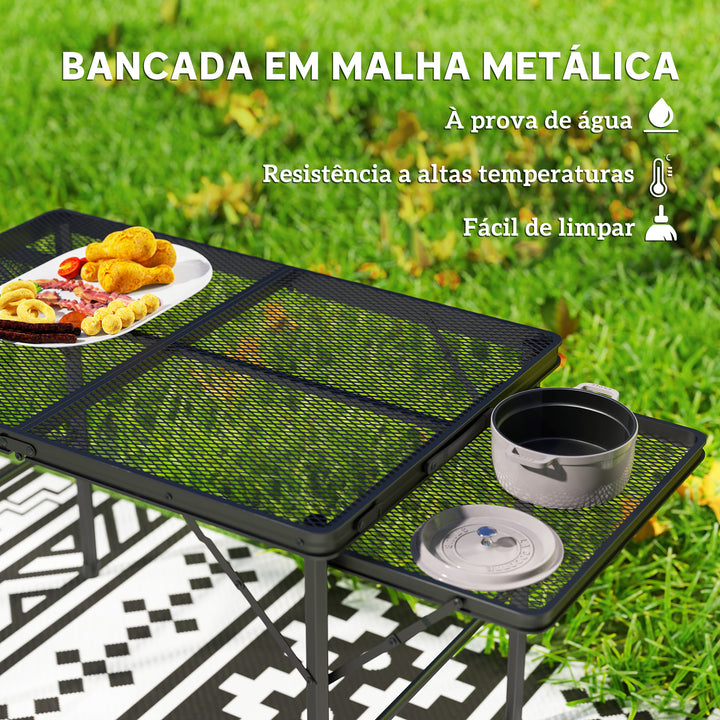 Mesa Dobrável Campismo de Alumínio 137x62x67 cm com Laterais Abatíveis e Altura Ajustável Mesa Dobrável Portátil Leve com Bancada Metálica de Grade para Acampamento Caminhadas Praia Preto