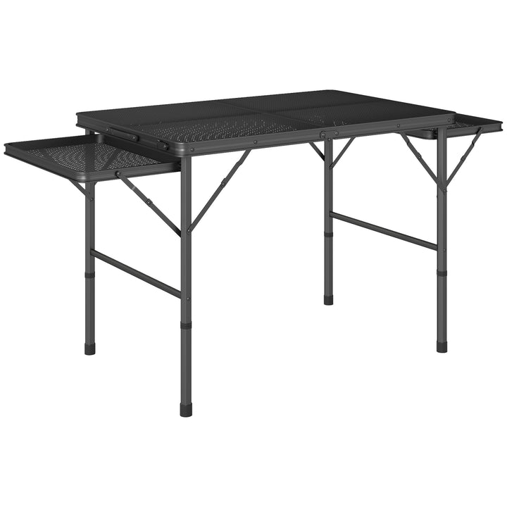 Mesa Dobrável Campismo de Alumínio 137x62x67 cm com Laterais Abatíveis e Altura Ajustável Mesa Dobrável Portátil Leve com Bancada Metálica de Grade para Acampamento Caminhadas Praia Preto