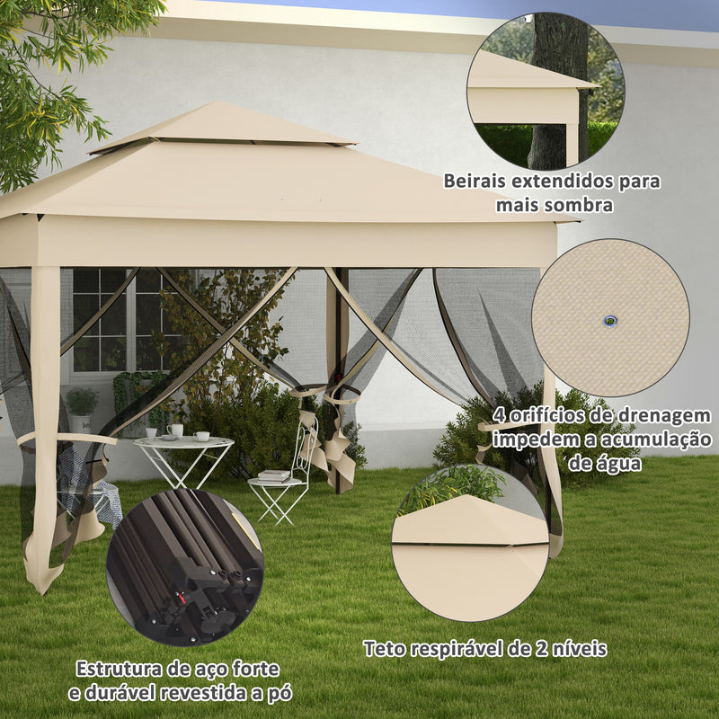 Tenda Dobrável de Exterior 325x325x270 cm Tenda de Jardim com Teto Duplo Rede Mosquiteira Amovível e Bolsa de Transporte para Jardim Pátio Creme