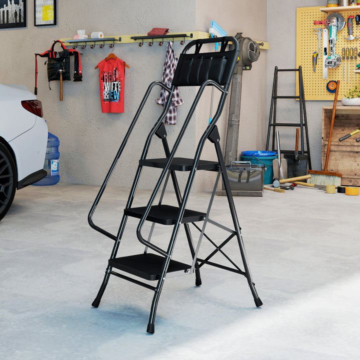 Escada Dobrável com 3 Degraus Escada de Metal com Apoio para os Braços e Suporte para Ferramentas Carga Máxima 150 kg 49x66x136 cm Preto