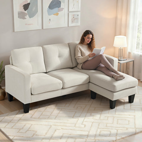 Sofá Chaise Longue Sofá em Forma de L Estofado em Poliéster Sofá de Canto Reversível com 3 Almofadas e Pés de Madeira para Sala de Estar Carga Máxima 180 kg 186x130x84 cm Creme
