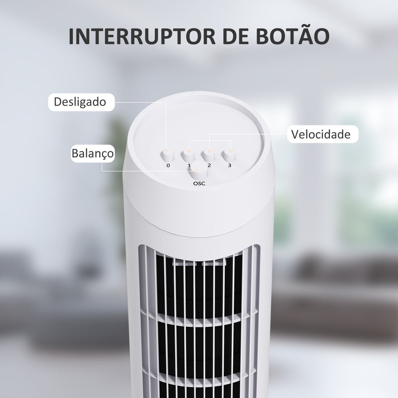 Ventoinha de Coluna 45W Ventoinha de Coluna Silenciosa com 3 Velocidades e Oscilação 70° para Sala Quarto Escritório Ø27x75 cm Branco