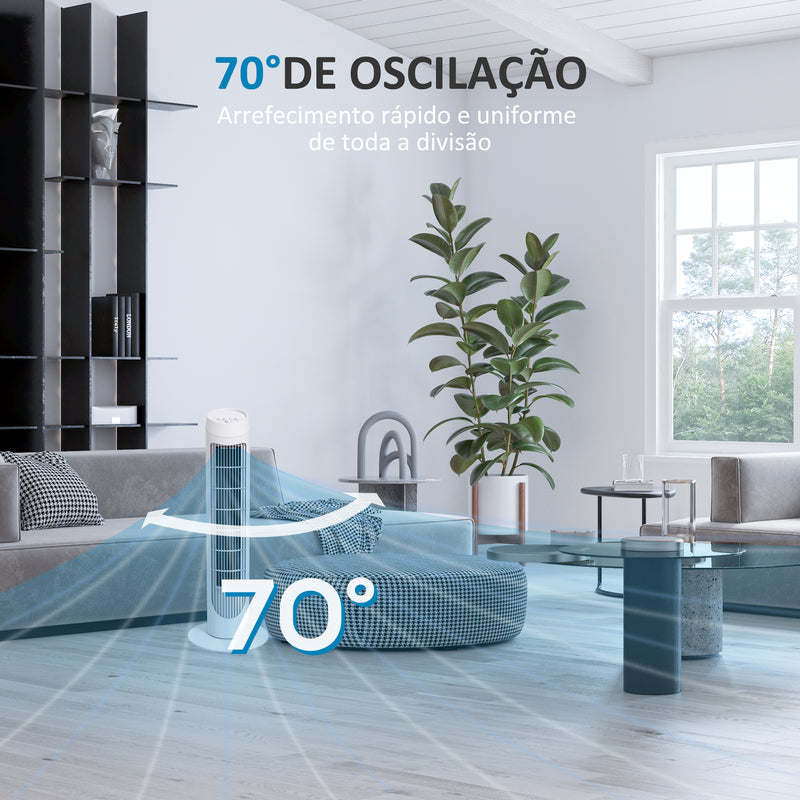 Ventoinha de Coluna 45W Ventoinha de Coluna Silenciosa com 3 Velocidades e Oscilação 70° para Sala Quarto Escritório Ø27x75 cm Branco